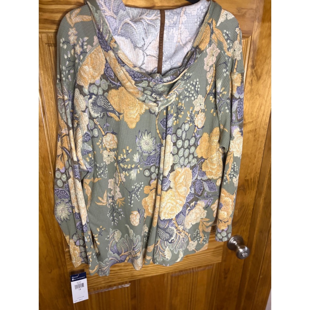 Chaps Womens Waffle Knit Hoodie Floral Sage Green 1X NWT - Picture 5 of 7
